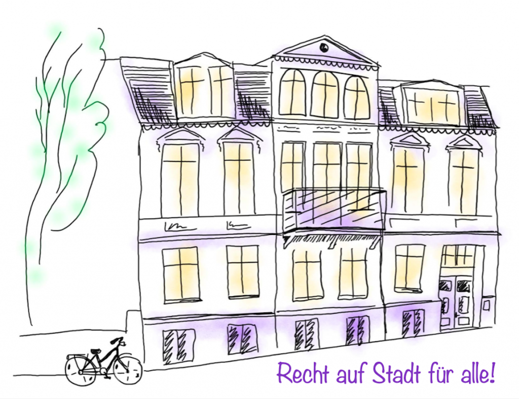 Zeichnung der Frontansicht des Alten Stadtarchivs, dem stattArchiv. Links daneben ein Laubbaum, davor steht ein Fahrrad. Unten rechts der Text "Recht auf Stadt für alle!".